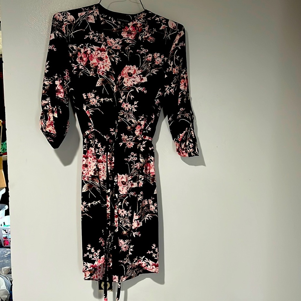 Flower print button down dress with belt.